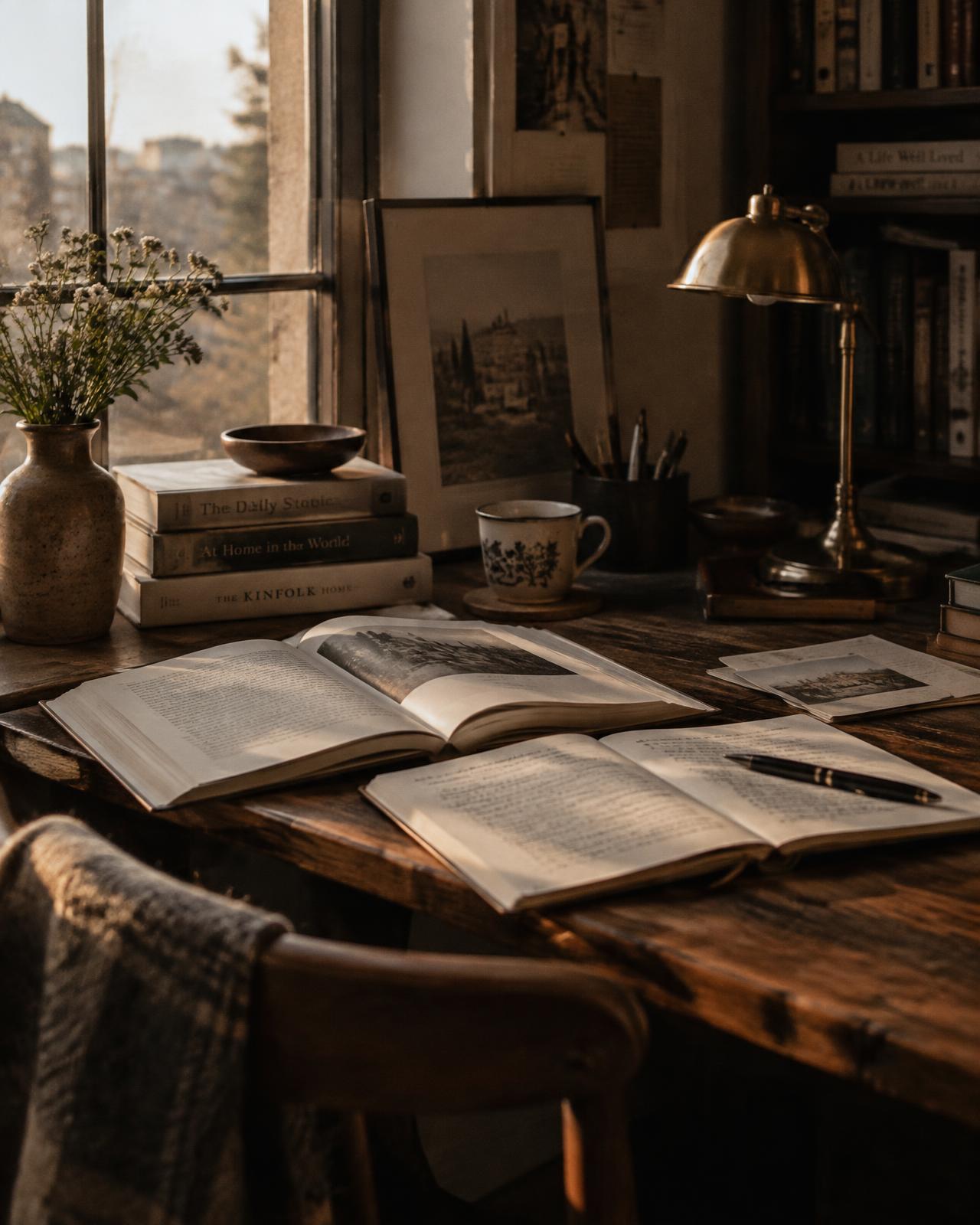 Mesa de leitura com livros abertos sob luz de fim de tarde